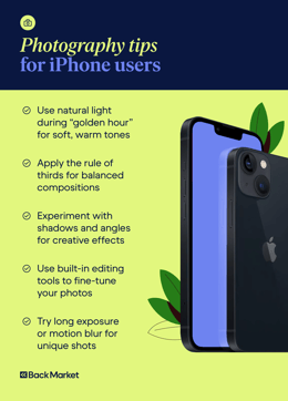  A list of photography tips for iPhone users, focusing on lighting, composition, and editing techniques.
